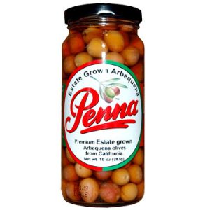 Jar of Penna Estate Grown Arbequina olives from California, featuring light-colored olives and a branded label.