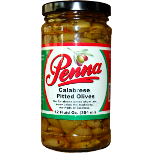 Jar of Penna Calabrese Pitted olives with a white label and red branding