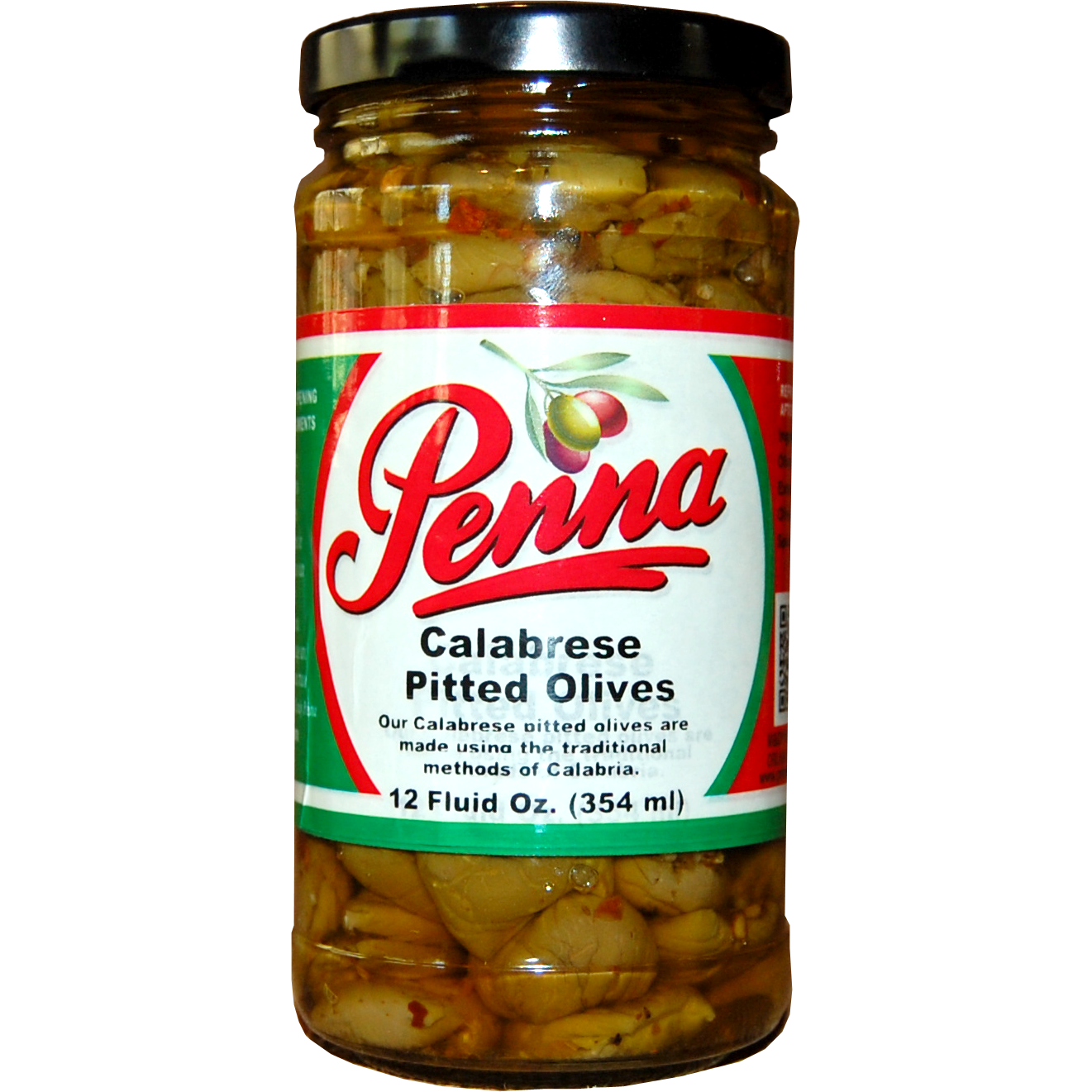 Jar of Penna Calabrese Pitted olives with a white label and red branding