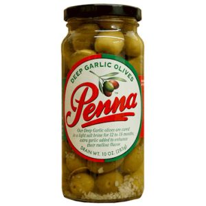 Jar of Penna Deep garlic olives with a white label and red branding