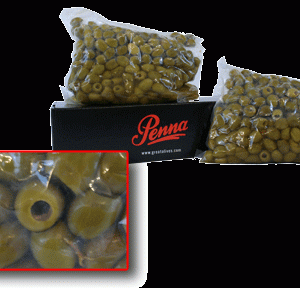 Bags of pitted green olives on a Penna box with a close-up inset