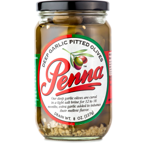 Jar of Deep Garlic Pitted Olives with a white label and red branding