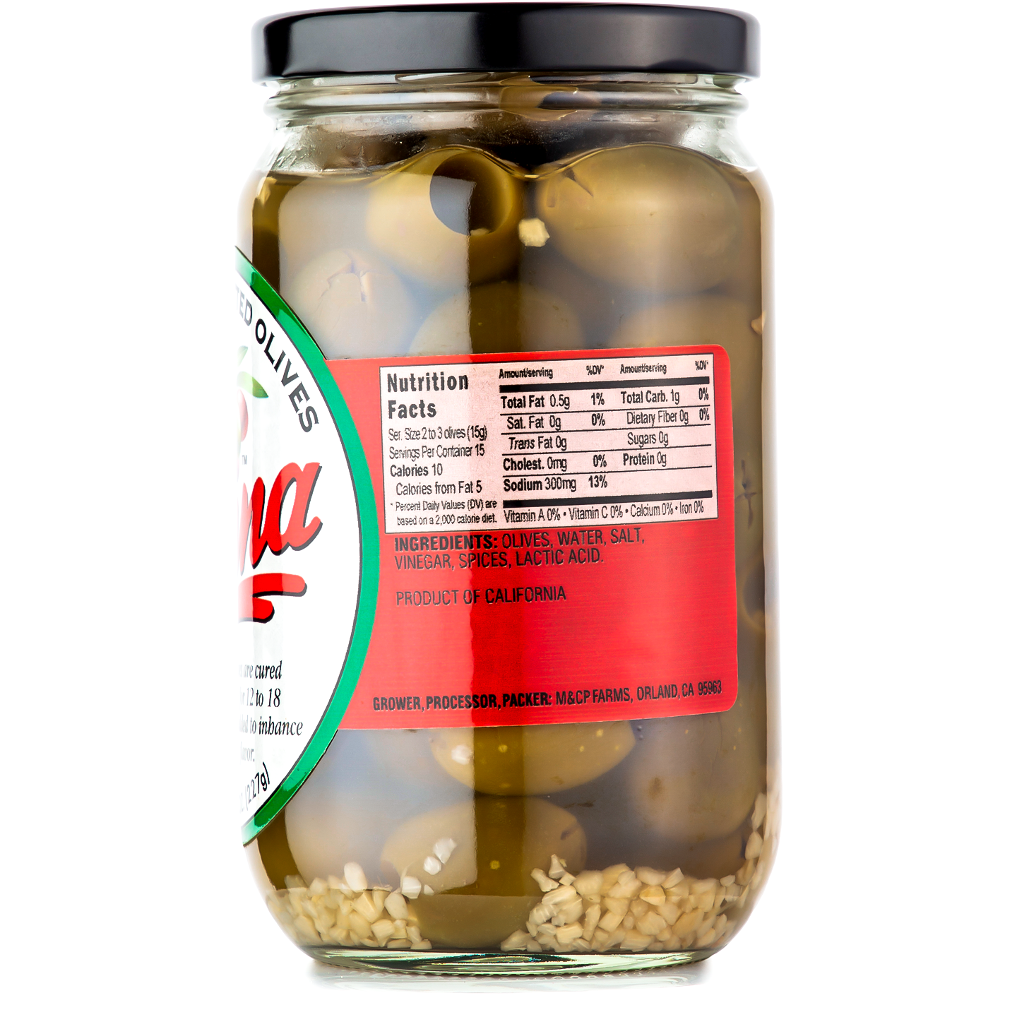 Jar of Pickled olives with nutritional values on it