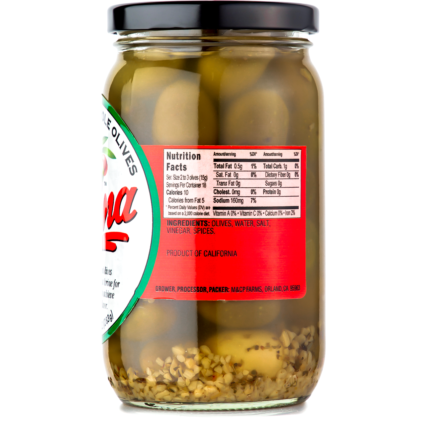 Jar of Italian Style Whole olives with nutritional values on it