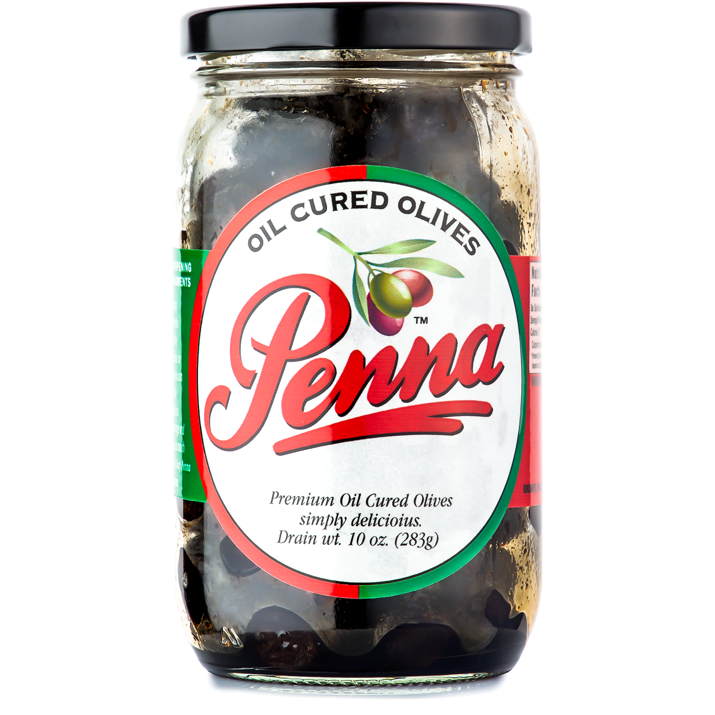 Jar of Penna Oil Cured Black Olives with a white label and red branding