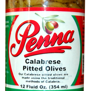 Jar of Penna Calabrese Pitted Olives with product information on it.
